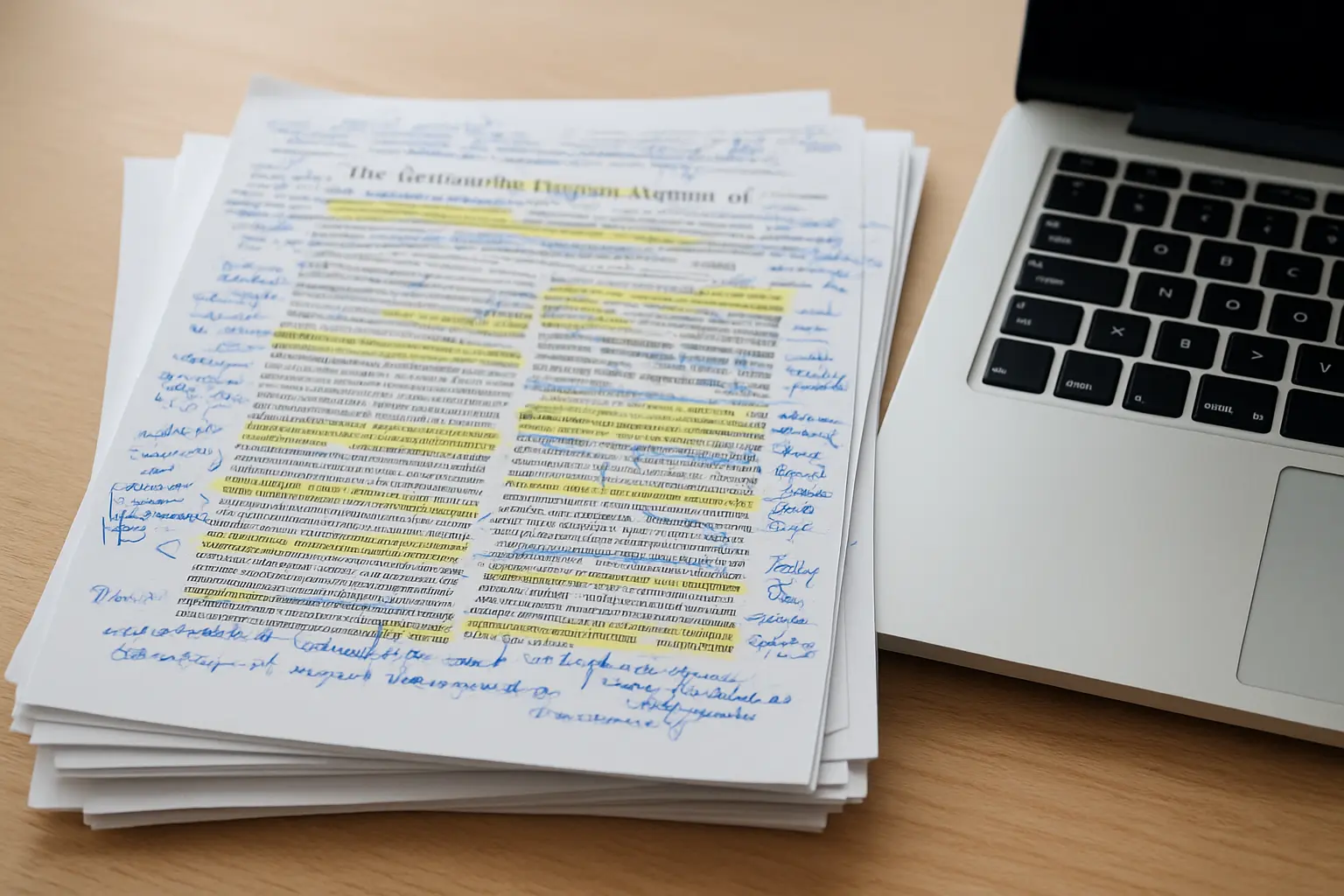 Annotated journal articles beside a laptop during literature review drafting