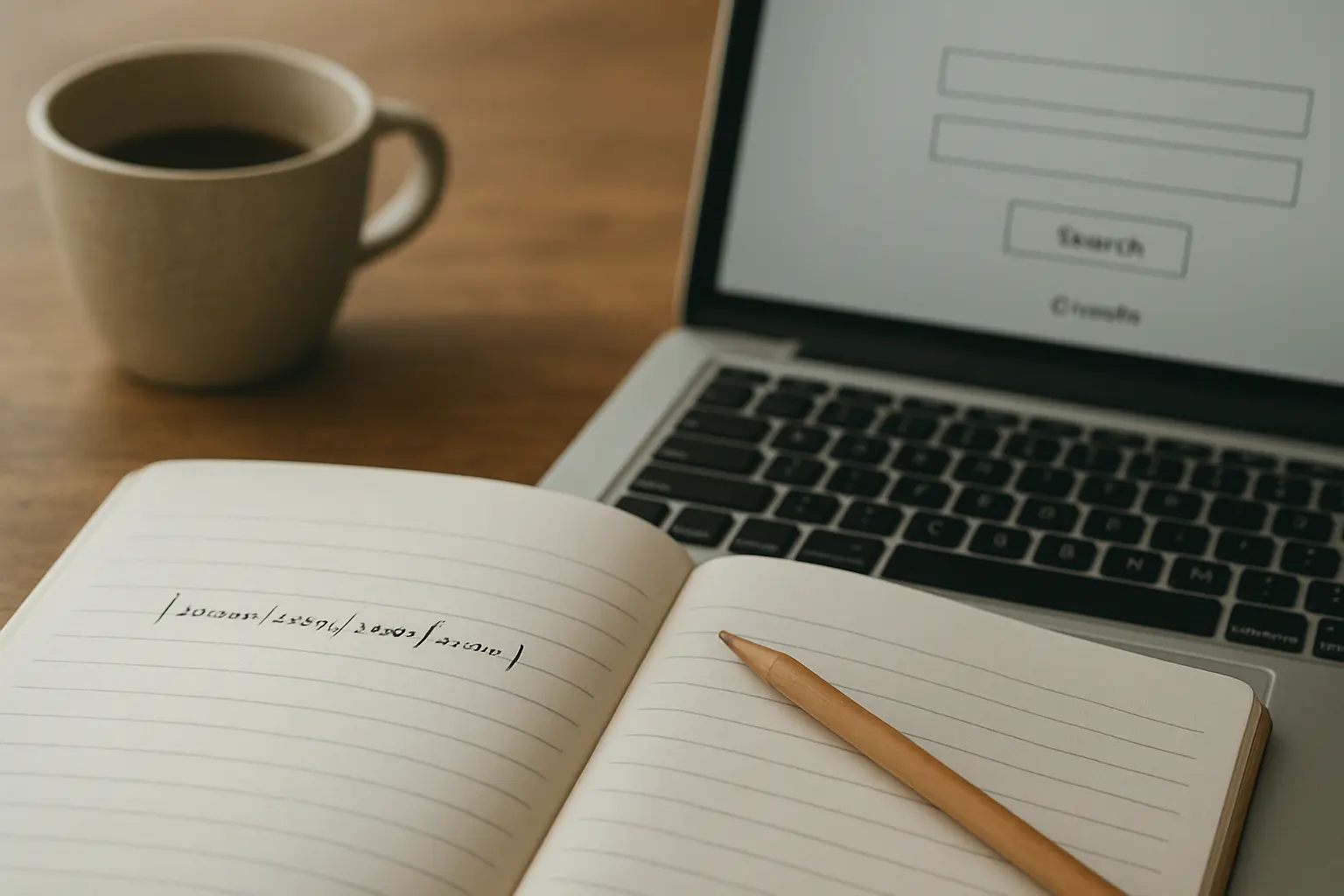 A nursing student's notebook with a question written out in four labelled parts beside a laptop showing a database search screen