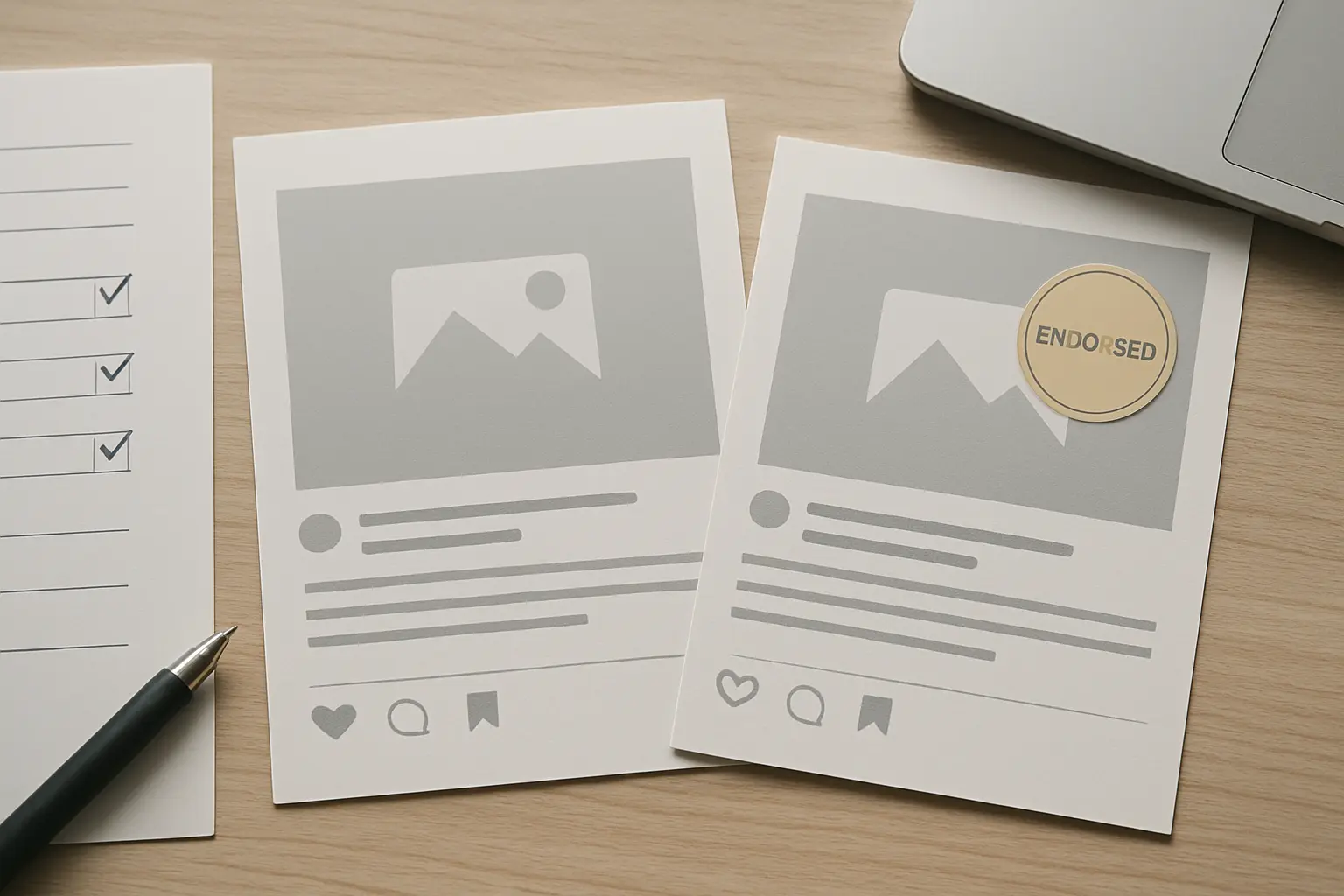 Two versions of a social media advertisement laid side by side on a desk as experimental stimuli with a printed questionnaire