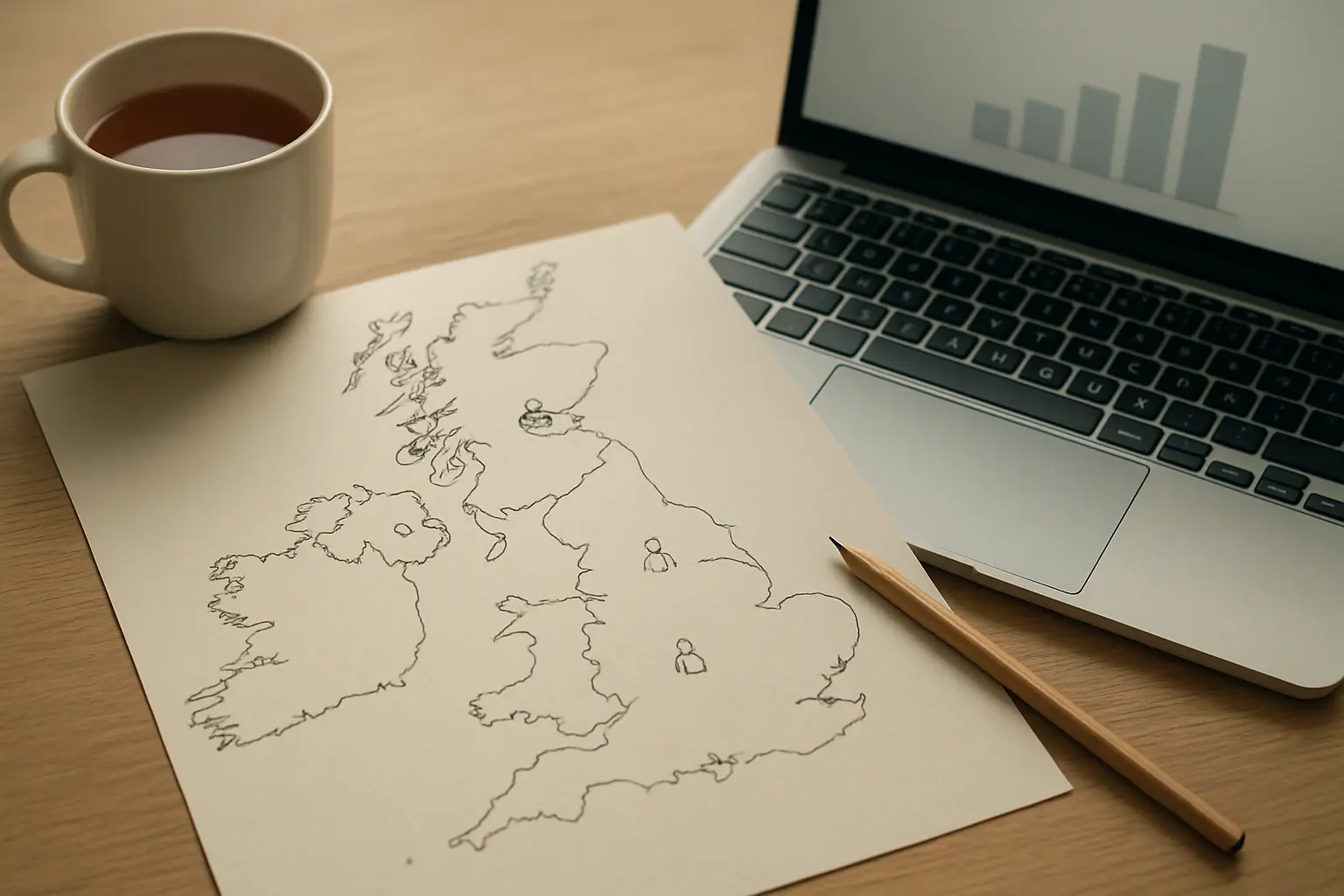 A hand-drawn map of UK regions annotated with unemployment figures beside a laptop showing a bar chart