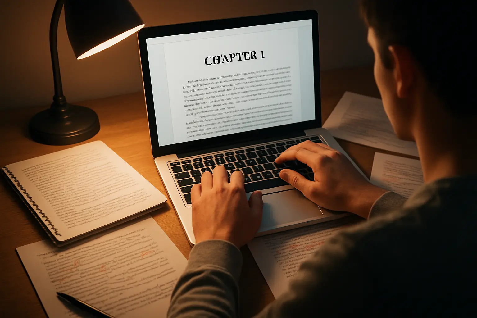 A student drafting a chapter from their own notes and sources