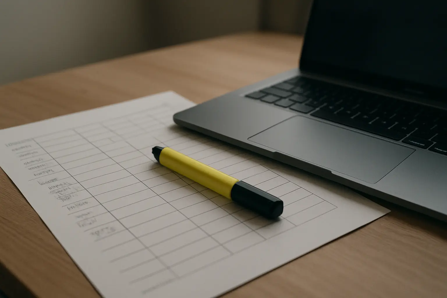 A printed variables table with one row per hypothesis, annotated in pencil beside a laptop