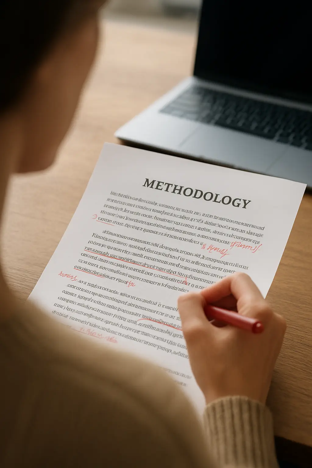 A methodology page annotated where an agentless passive has been changed to an active sentence