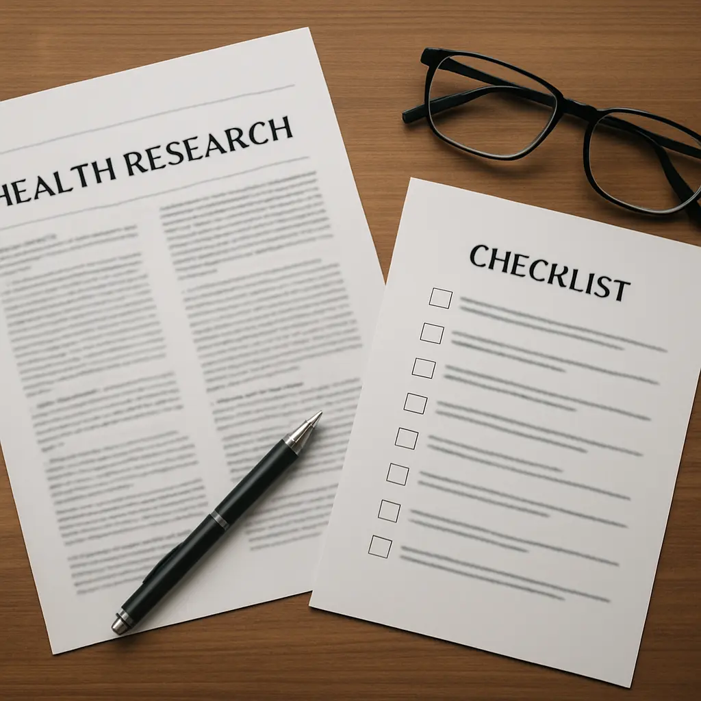 Checklist sheets laid over printed studies during critical appraisal