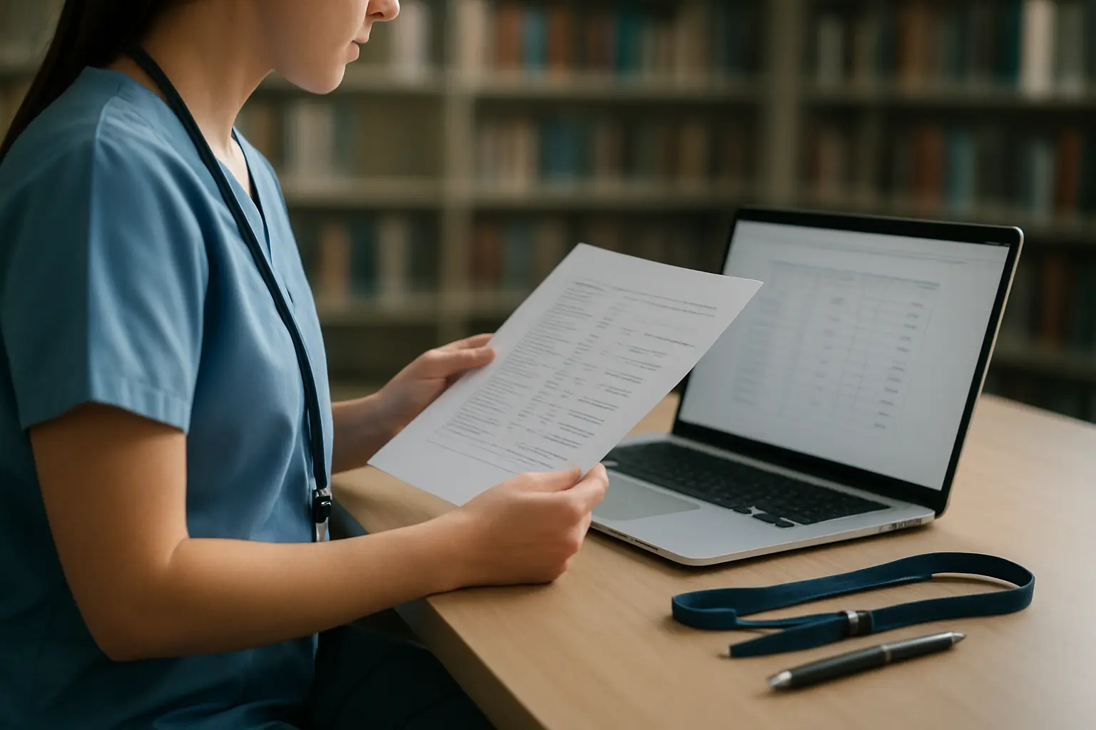 A nursing student reviewing a downloaded survey results table with confidence intervals on a laptop in a hospital library