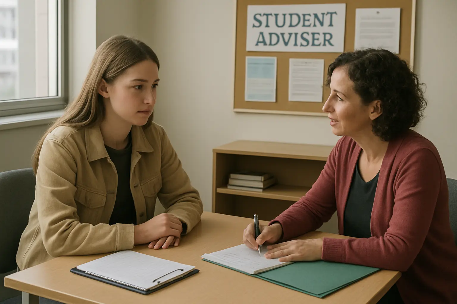 A student meeting a students union academic adviser before a misconduct panel hearing