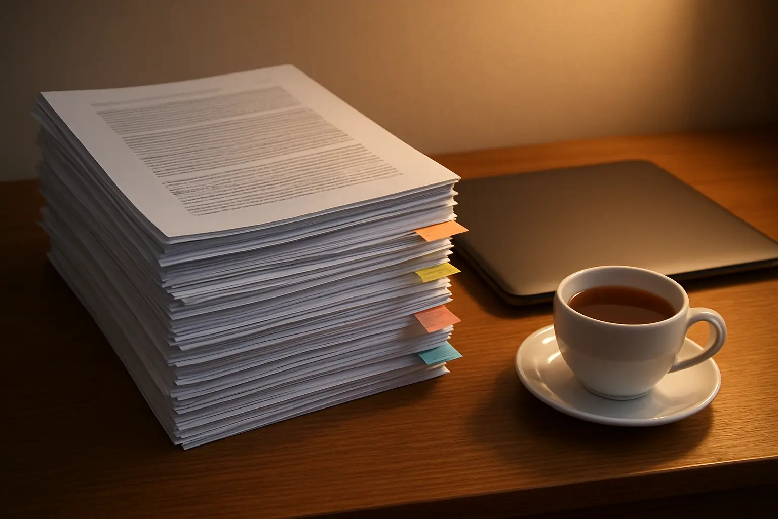 Stack of tabbed journal articles waiting to be filed into a reference manager