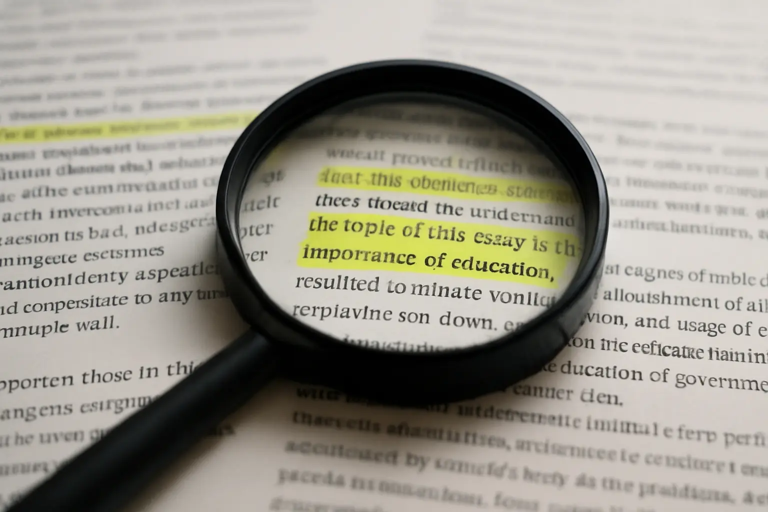 Highlighted passages on a printed draft during a plagiarism self-check