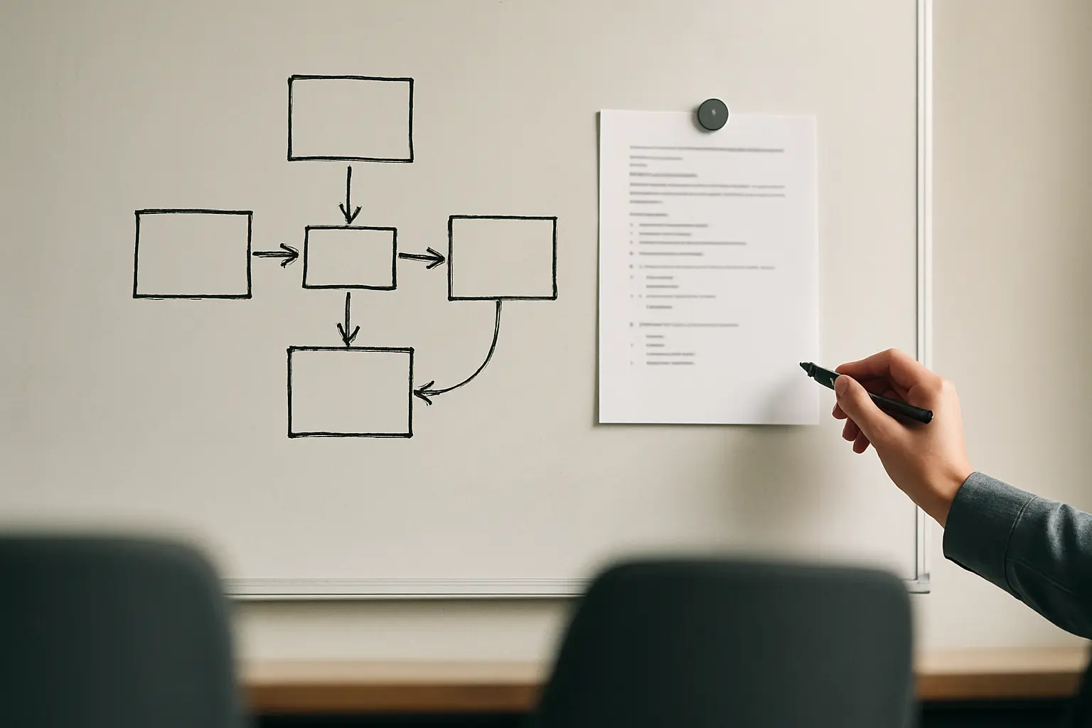 A marketing student mapping survey constructs to a theory diagram on a whiteboard in a business school seminar room