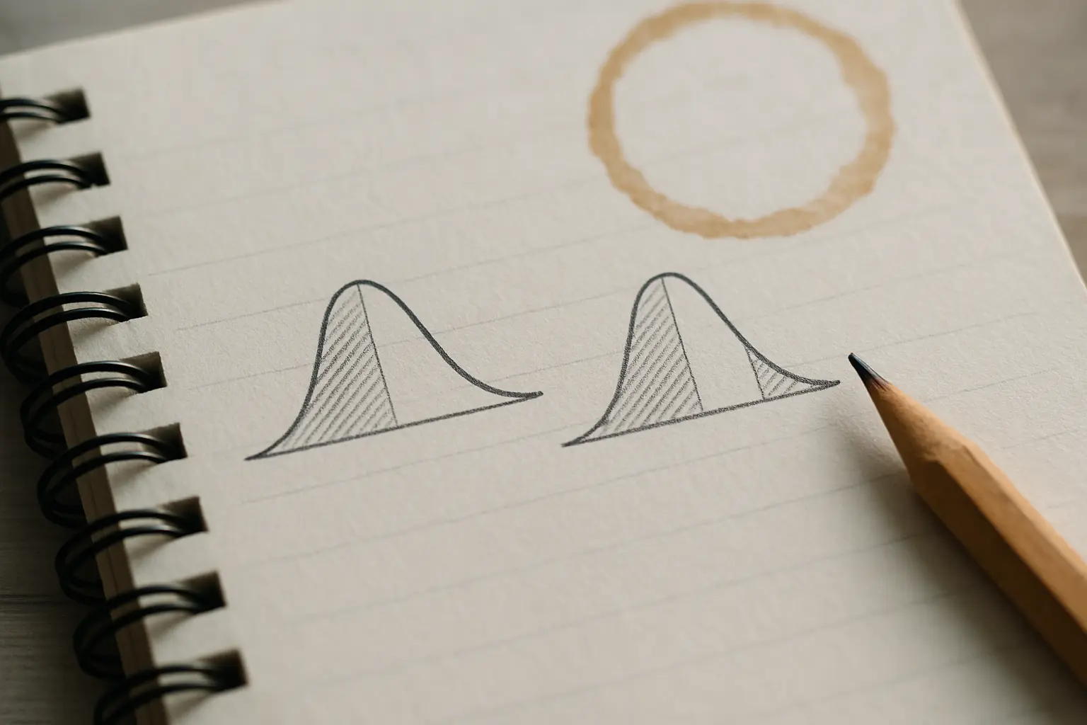 Two hand-drawn bell curves in a notebook, one shaded at a single tail and one at both, illustrating directional and non-directional hypotheses