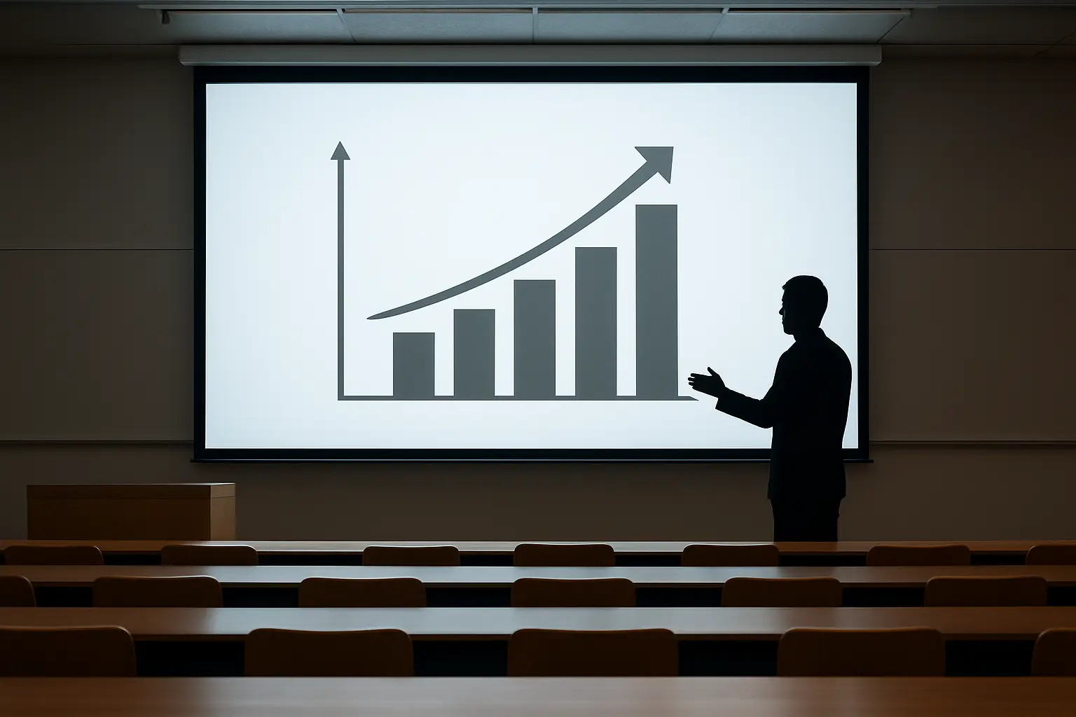 A chart showing degree classification trends presented in a lecture theatre