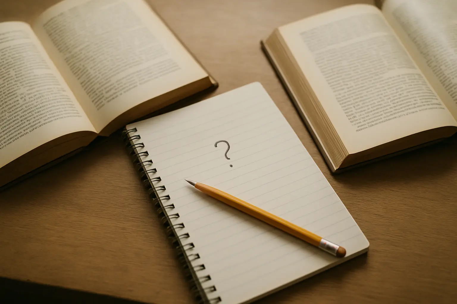 A student comparing two theory textbooks side by side with a research question written on a notepad between them