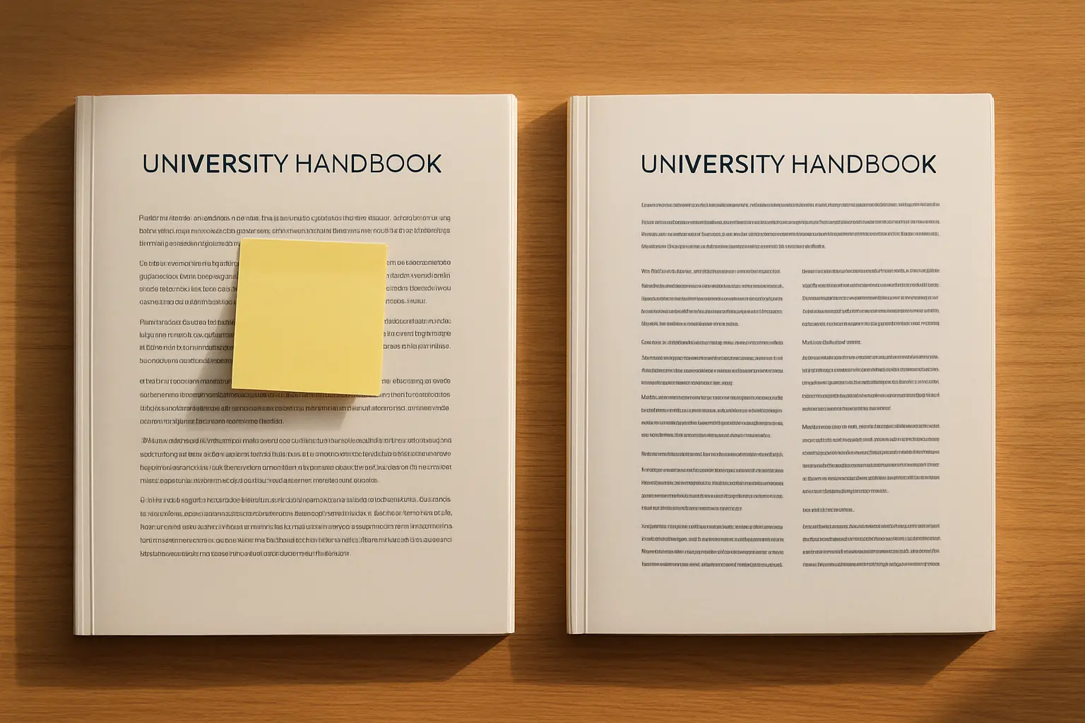 Two university handbooks open side by side showing conflicting abstract requirements