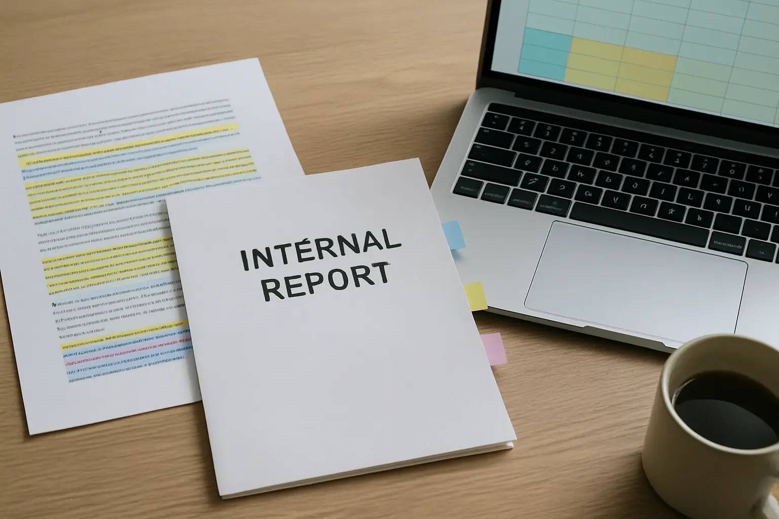 Printed interview transcripts, internal reports and a coded spreadsheet spread across a desk for a single-company case study