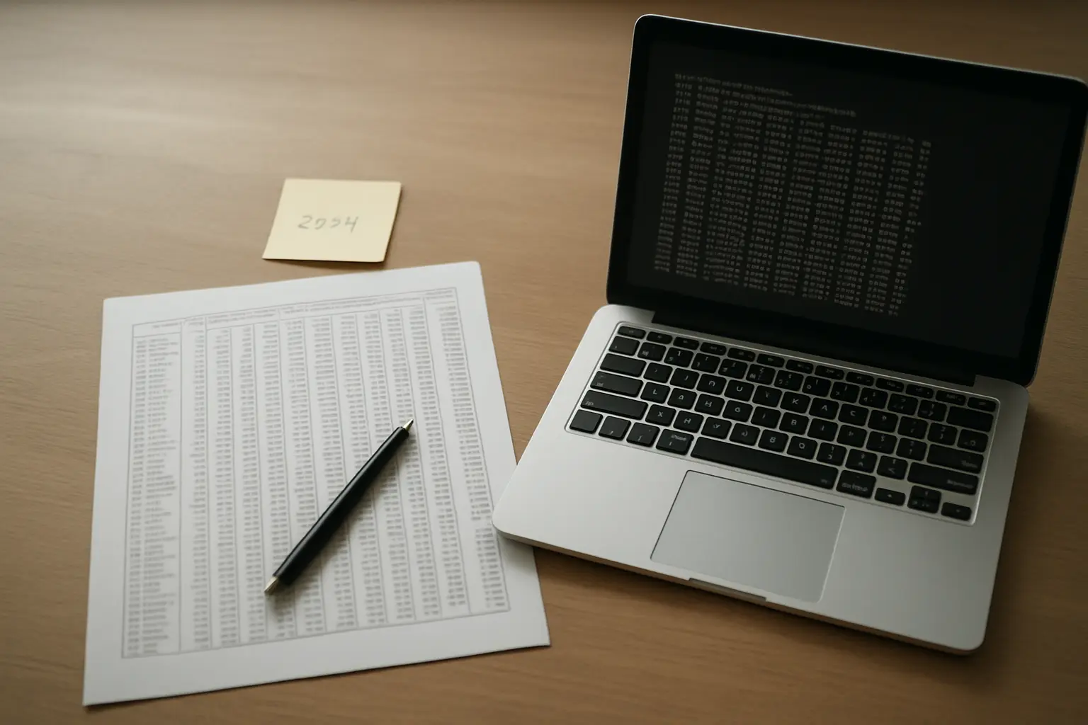 A printed panel dataset of firm-years beside a laptop showing a regression output, annotated with extraction notes