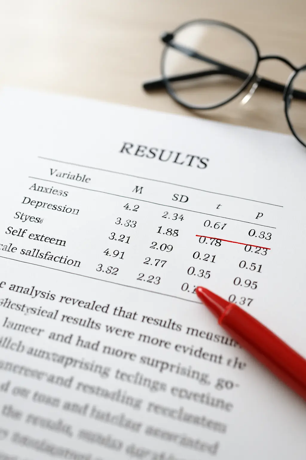 A dissertation results chapter with a formatted statistics table and reporting sentence