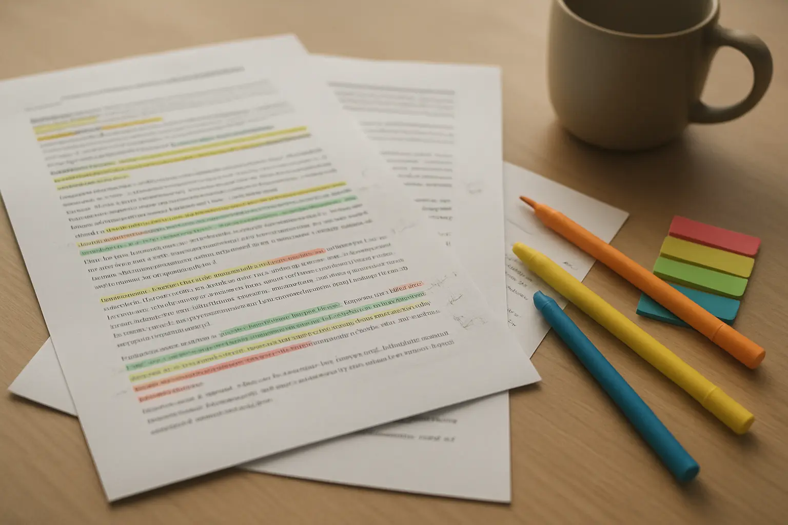 Printed interview transcripts being coded by hand with coloured pens on a desk