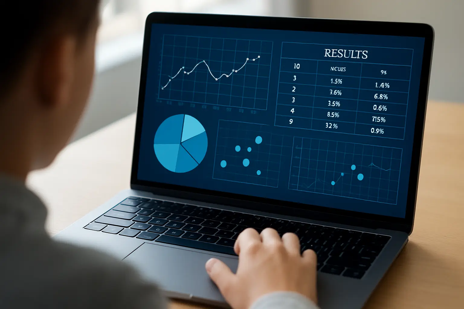 A laptop screen showing statistical output tables and charts during dissertation analysis