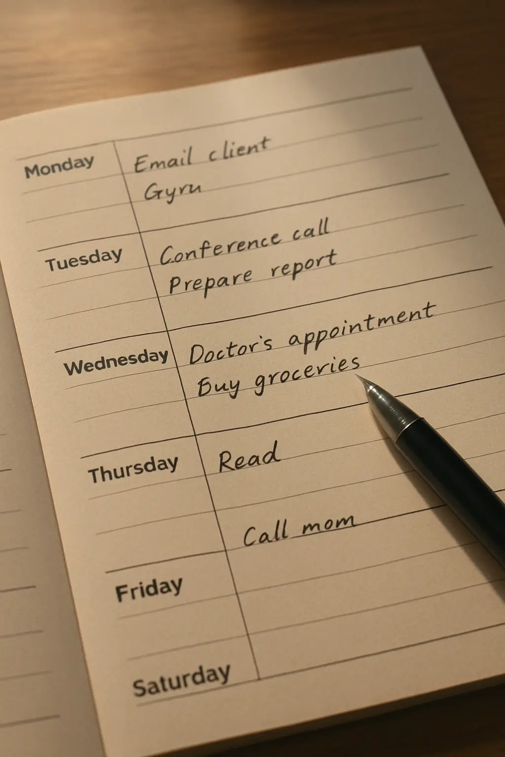 A weekly plan with specific finishable tasks and deliberate slack days