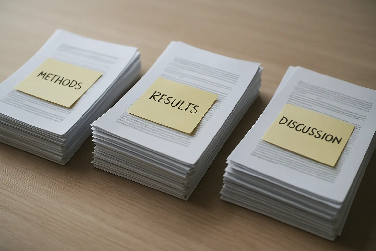 Journal articles sorted into thematic piles rather than counted as a list