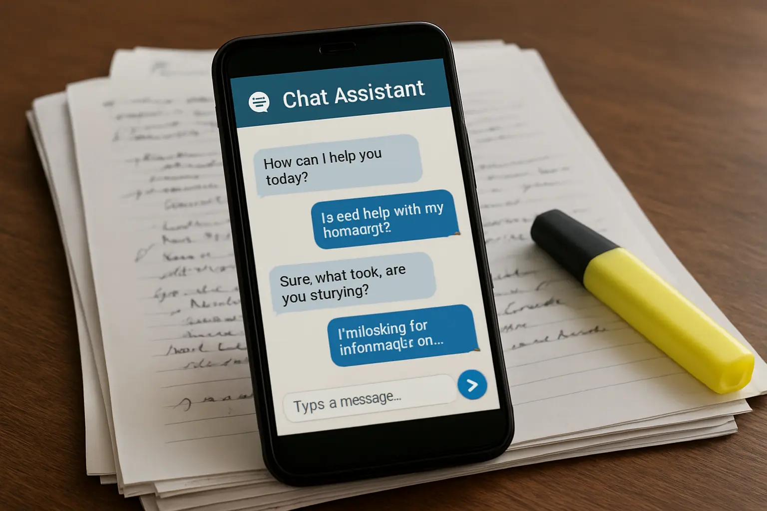 A chat assistant on a phone beside handwritten lecture notes