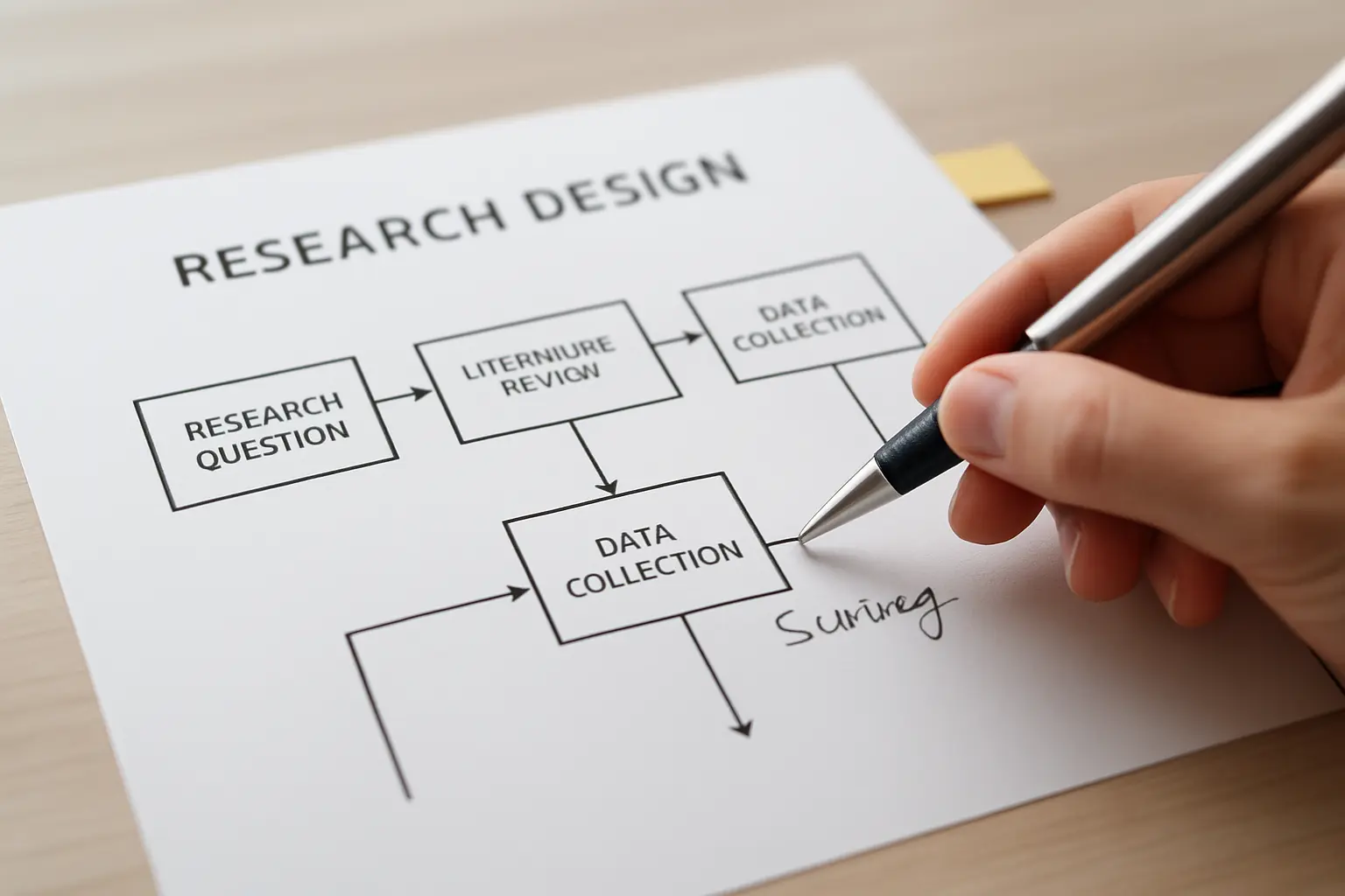 A research design diagram sketched out for a business dissertation methodology chapter