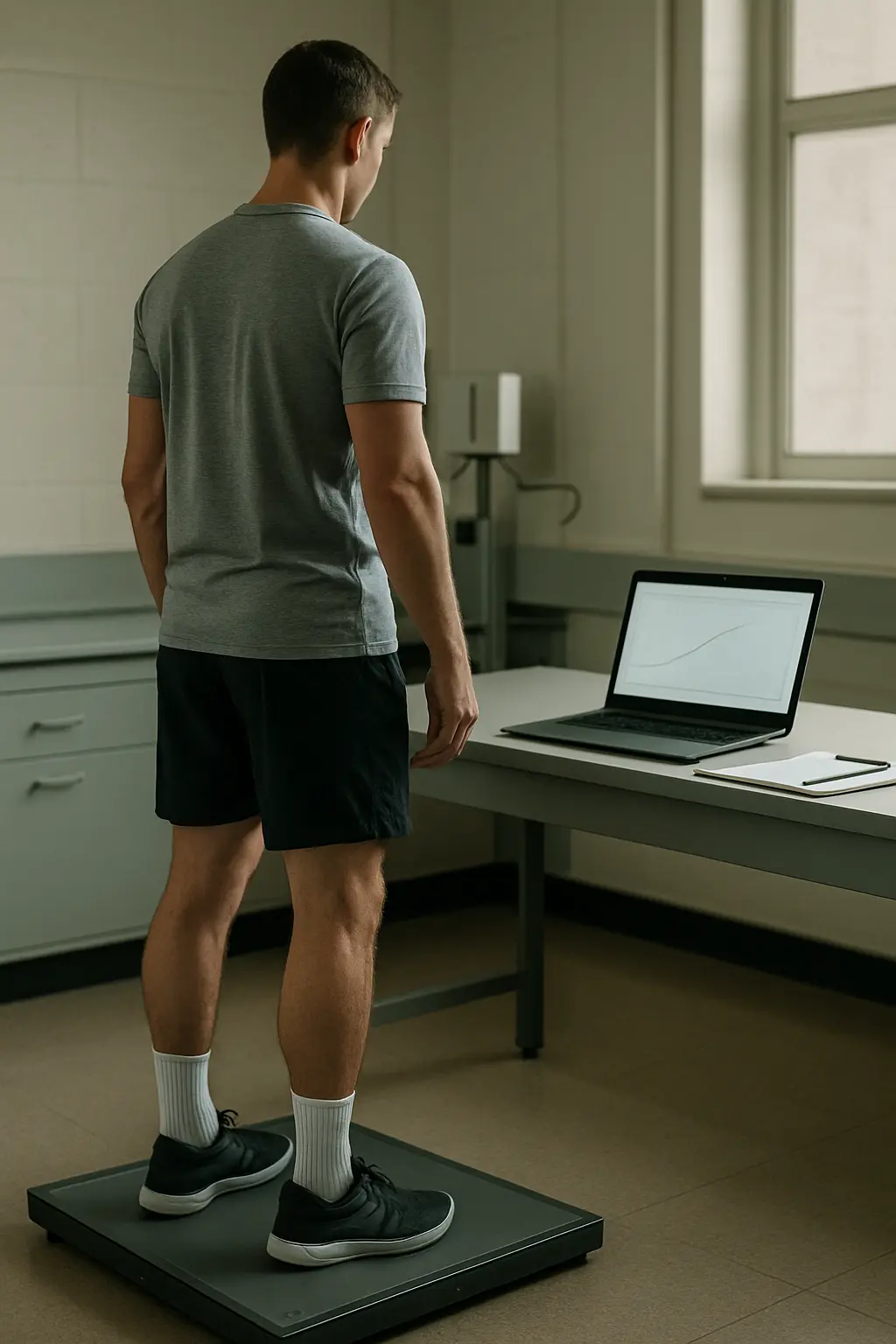 An athlete on a force plate in a university sport science laboratory with a laptop recording the trial
