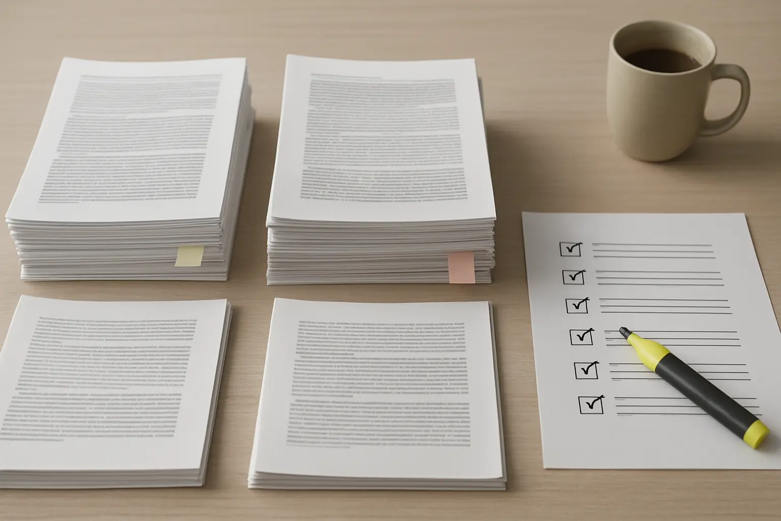 Printed research papers sorted into three piles on a desk with coloured tabs, beside a completed appraisal checklist and a highlighter