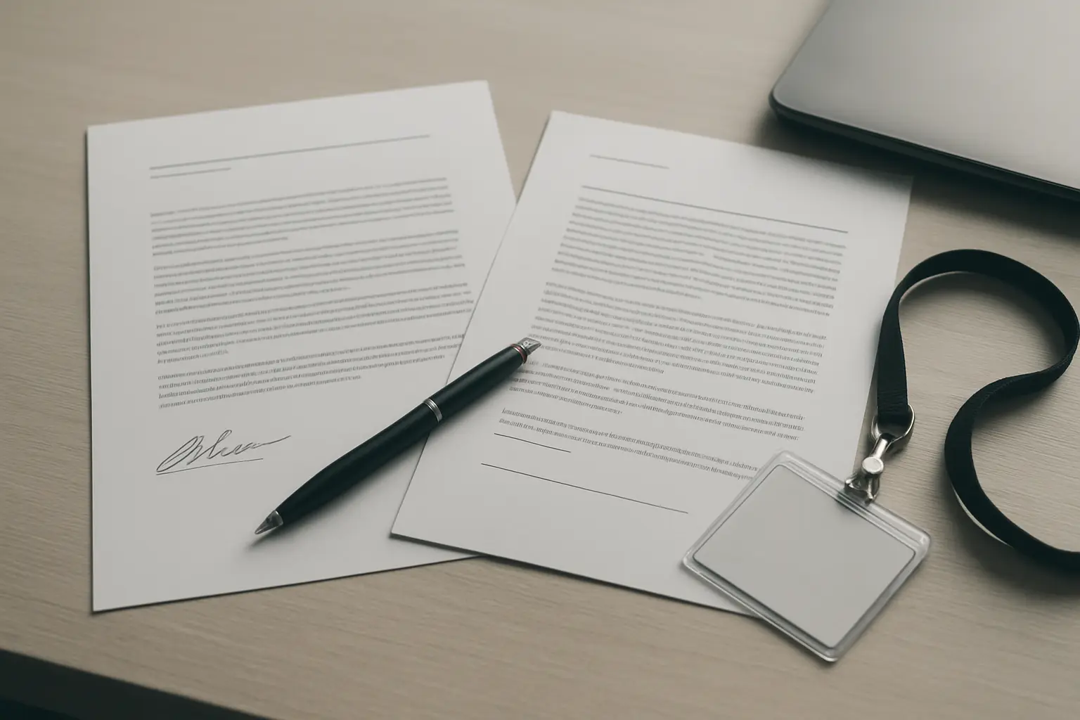 A signed company access letter and an NDA laid on an office desk beside a laptop and a lanyard