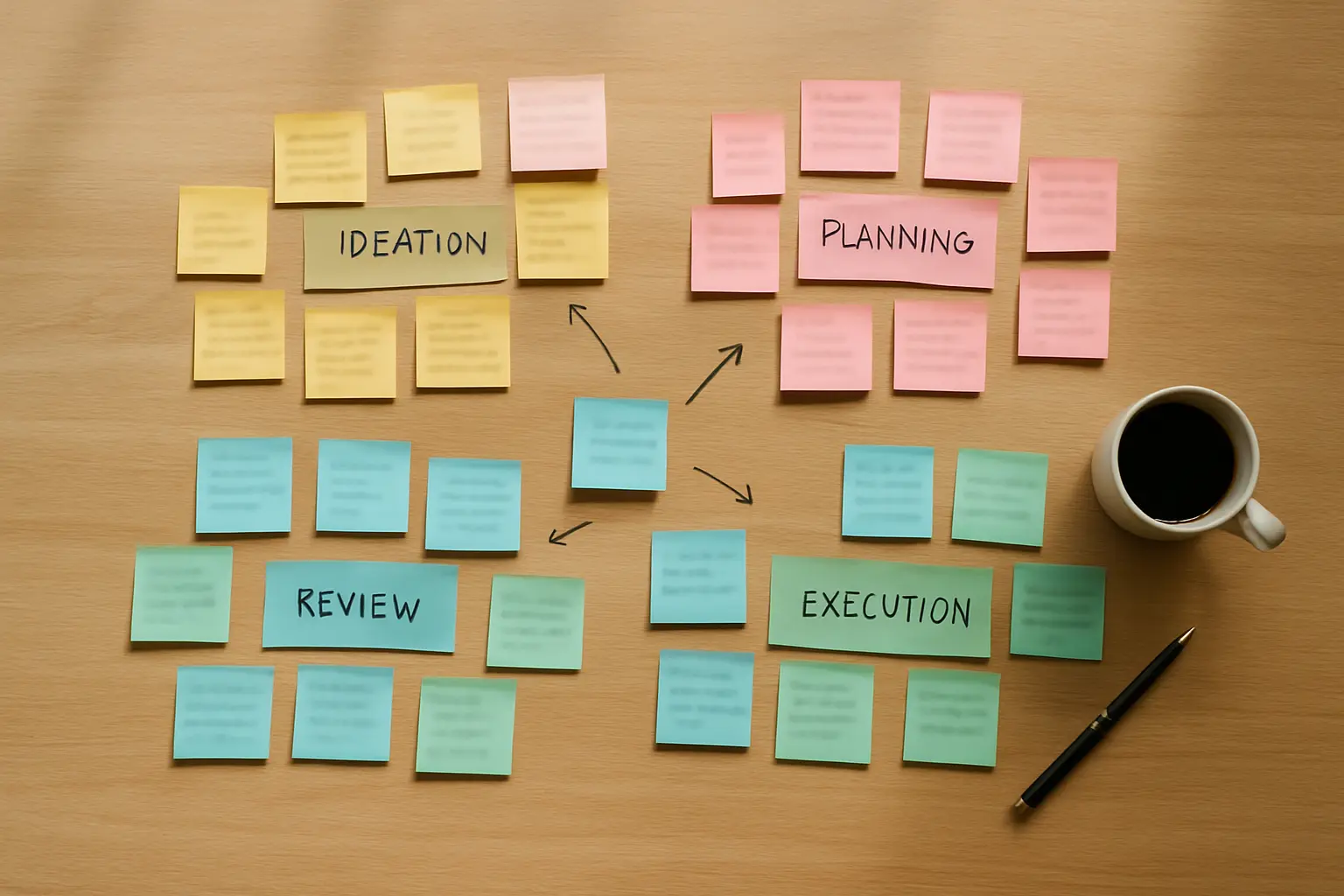 Colour-coded codes grouped on a table into candidate themes