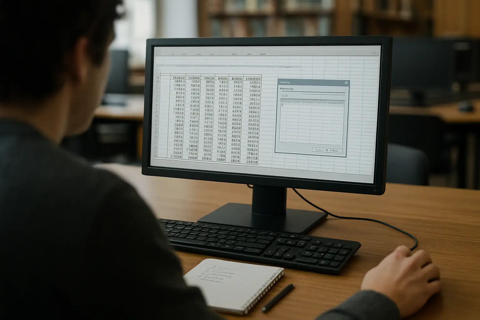 A finance student at a library terminal exporting company financial data into a spreadsheet