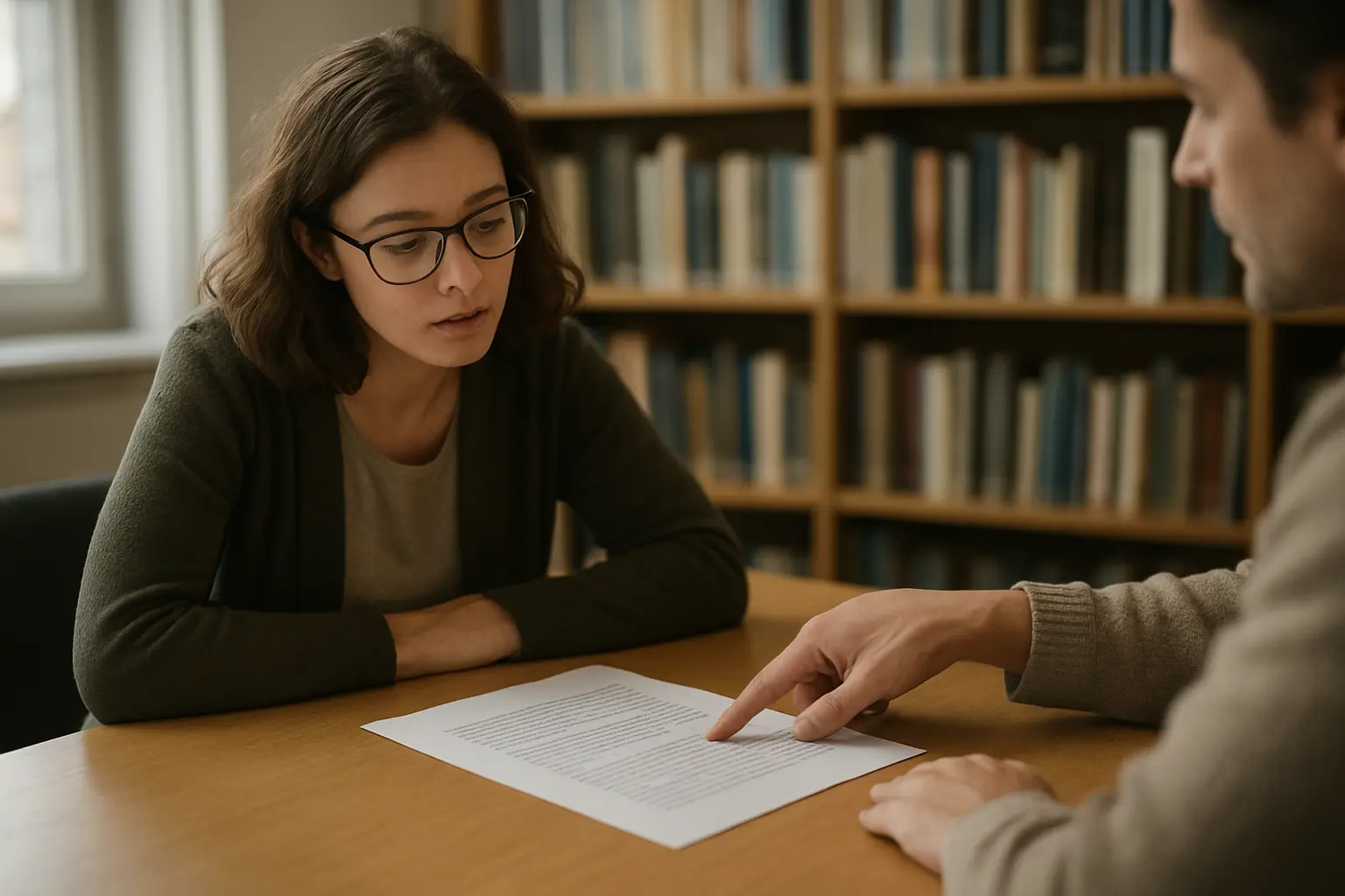 A supervisor and student discussing a printed dissertation proposal in a university office
