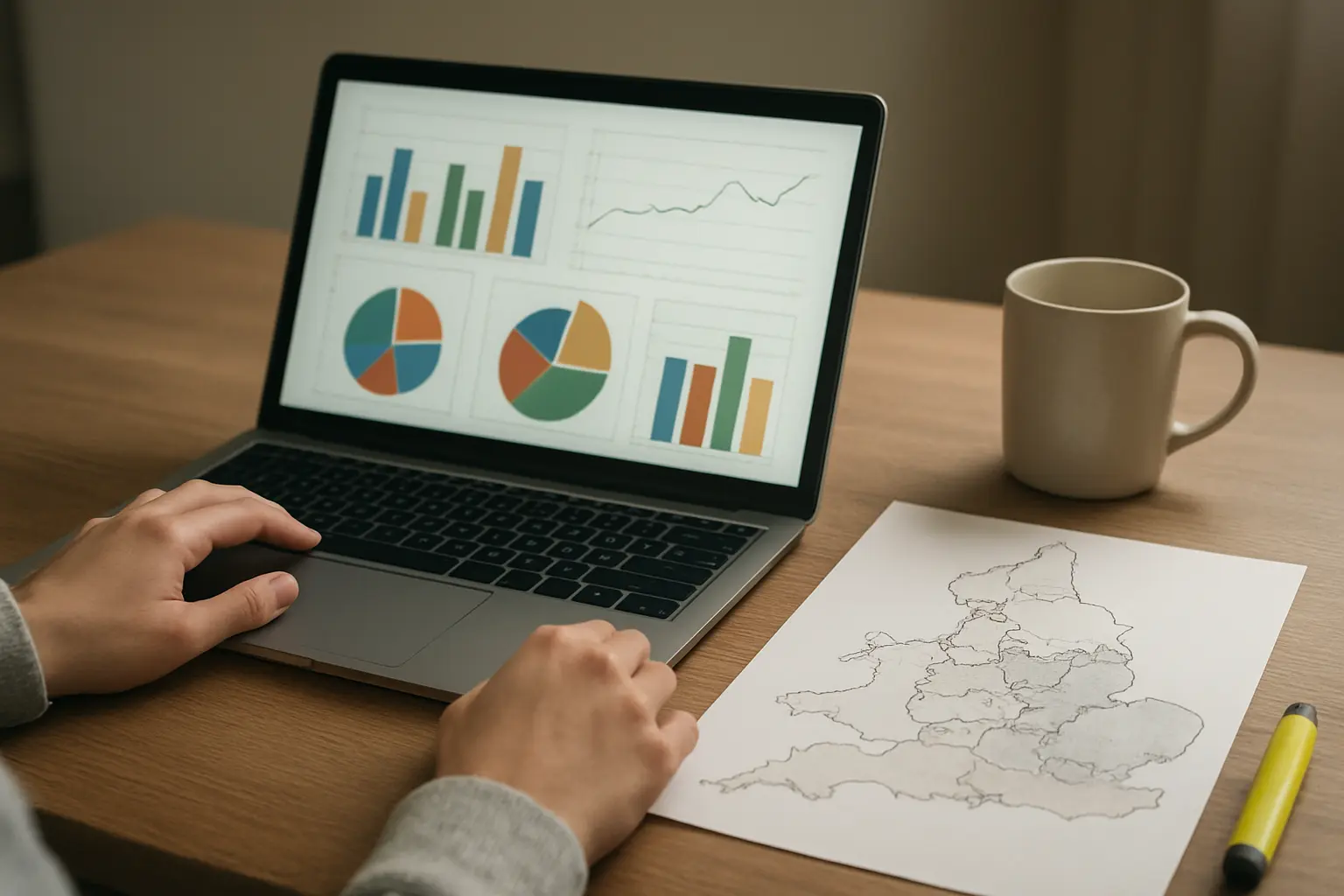 A public health student comparing local authority indicator charts on a laptop beside a printed map of English regions