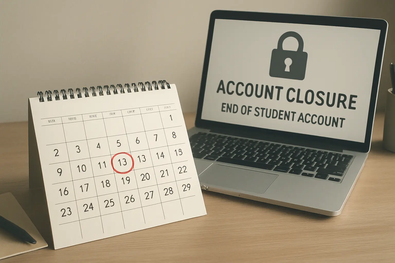 A graduation date marked on a calendar beside a laptop, the point at which student cloud storage ends