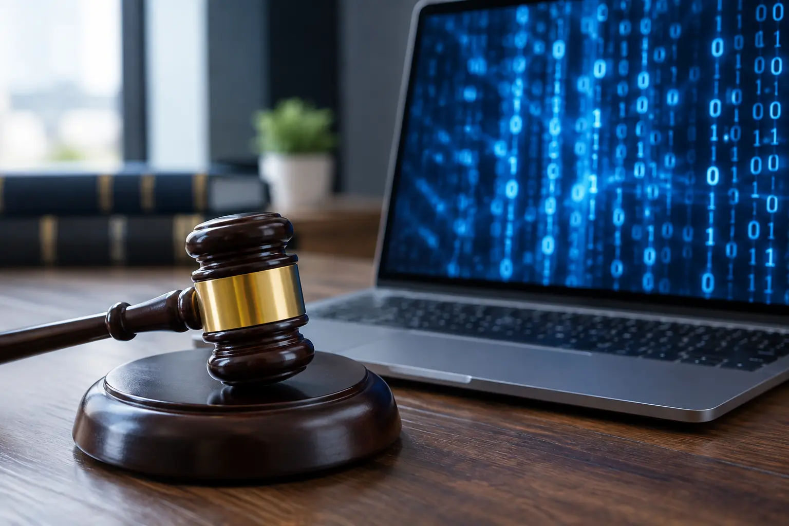 A gavel beside a laptop, symbolising the intersection of law and digital technology