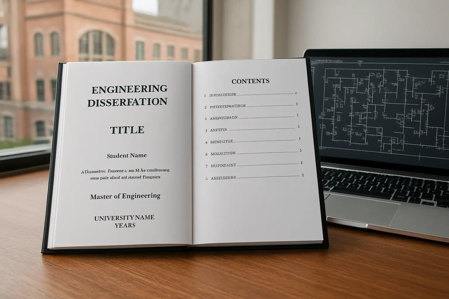 Engineering dissertation report open on a desk beside a laptop showing circuit diagrams
