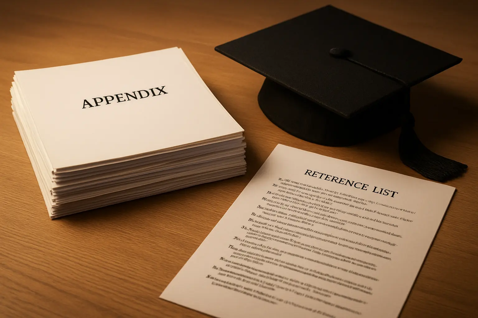 A student assembling appendices and a reference list for a psychology dissertation