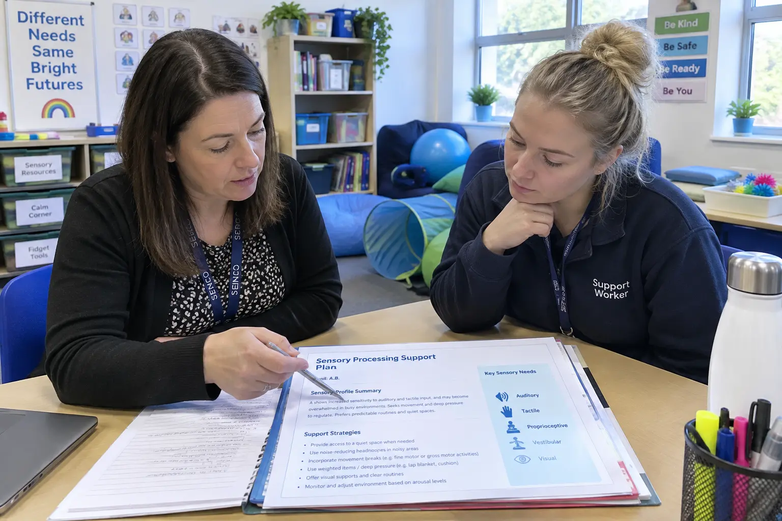 School staff reviewing a sensory-processing support plan in a UK primary school SEN unit