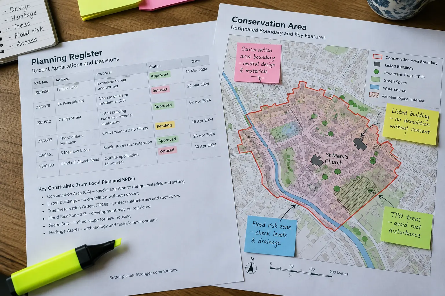 Planning register printout and conservation area map used to check site constraints