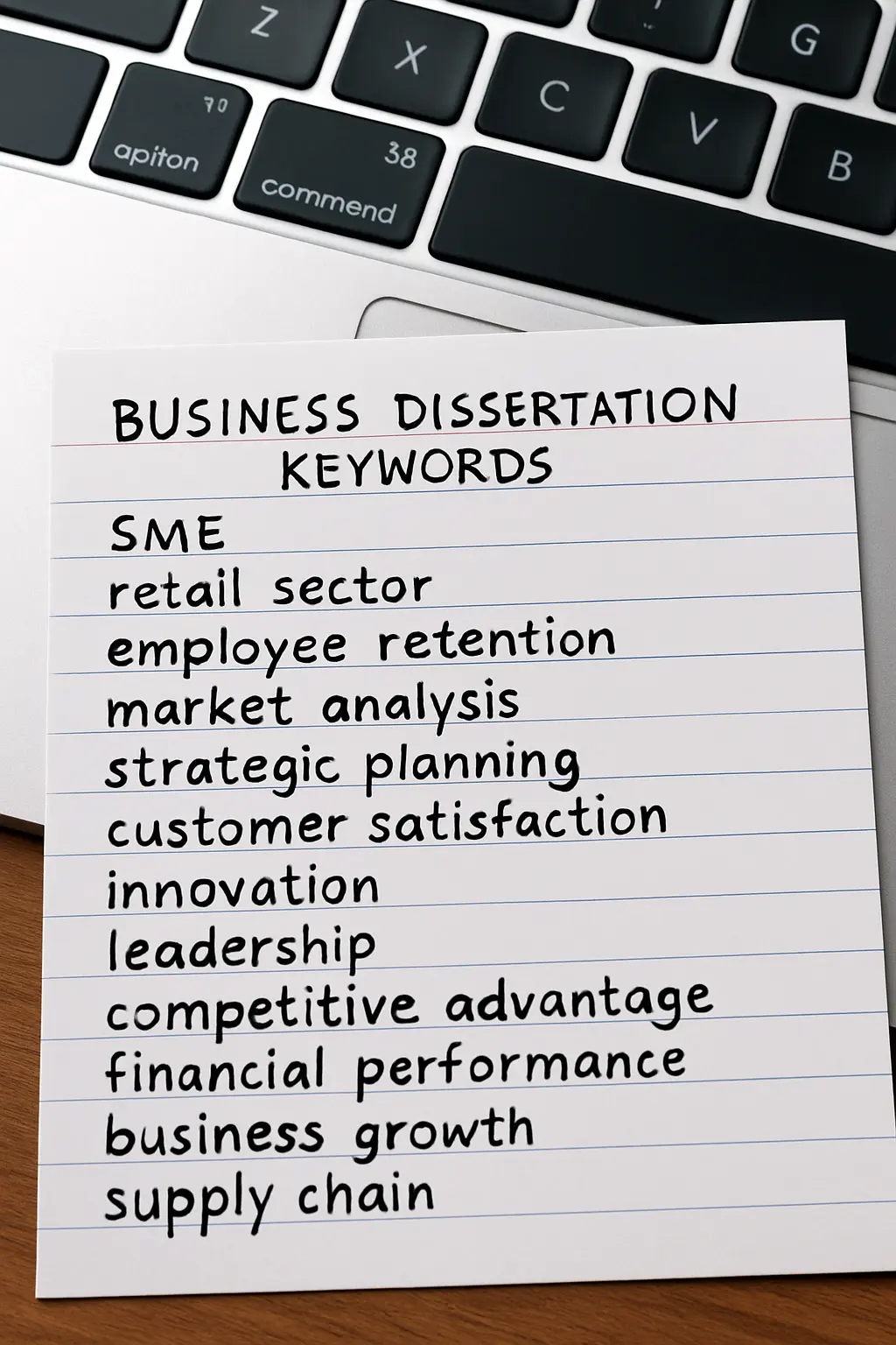 Index card listing candidate keywords for a business dissertation abstract
