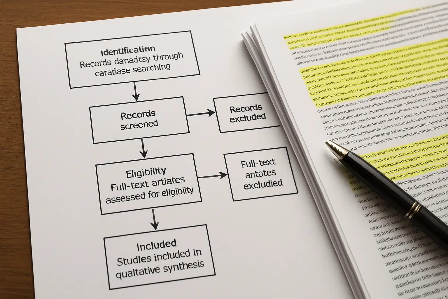 Printed flow diagram and highlighted journal articles for a nursing systematic review dissertation