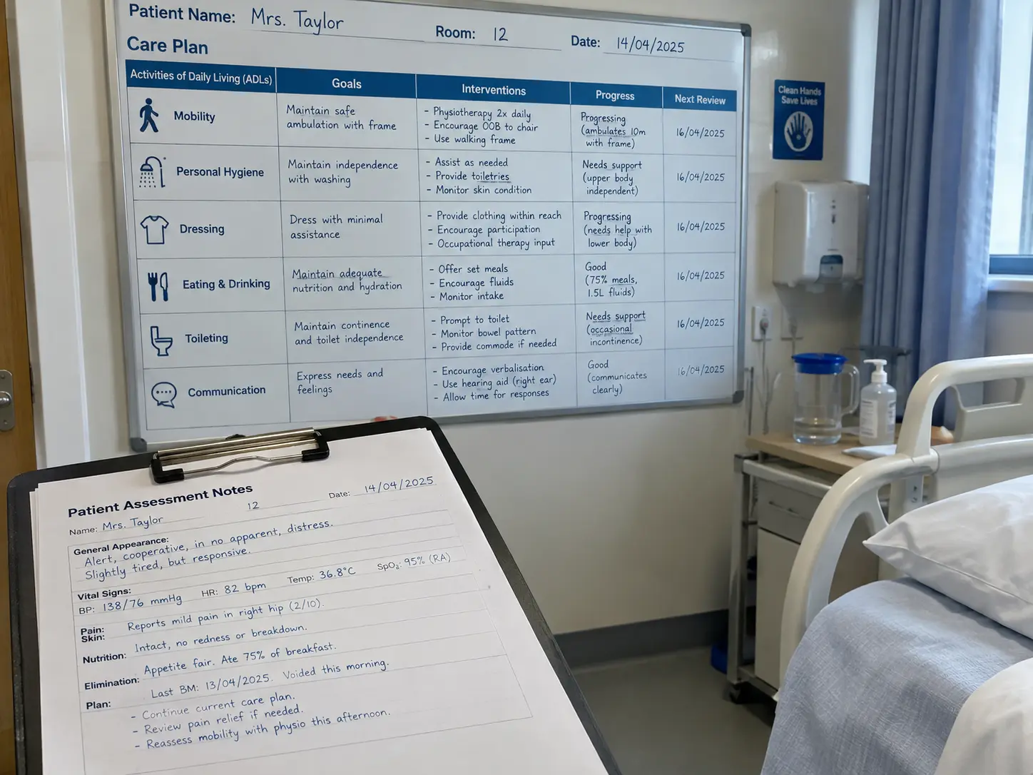 Ward care plan documentation structured around activities of daily living