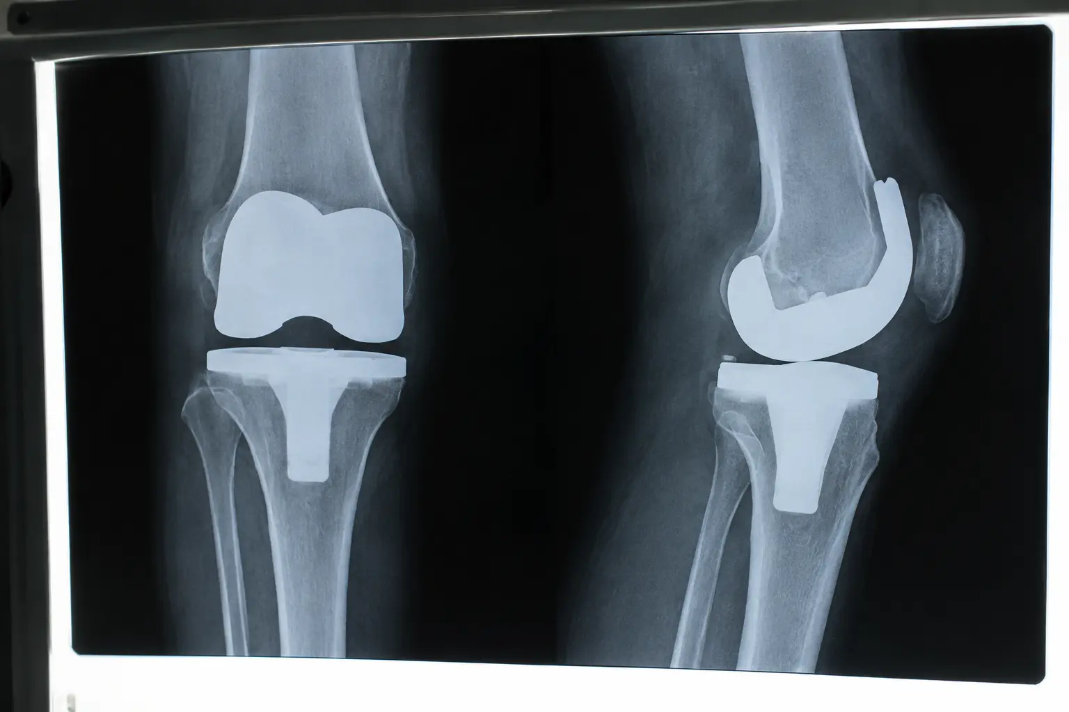 X-ray of a knee joint replacement implant, relevant to National Joint Registry data