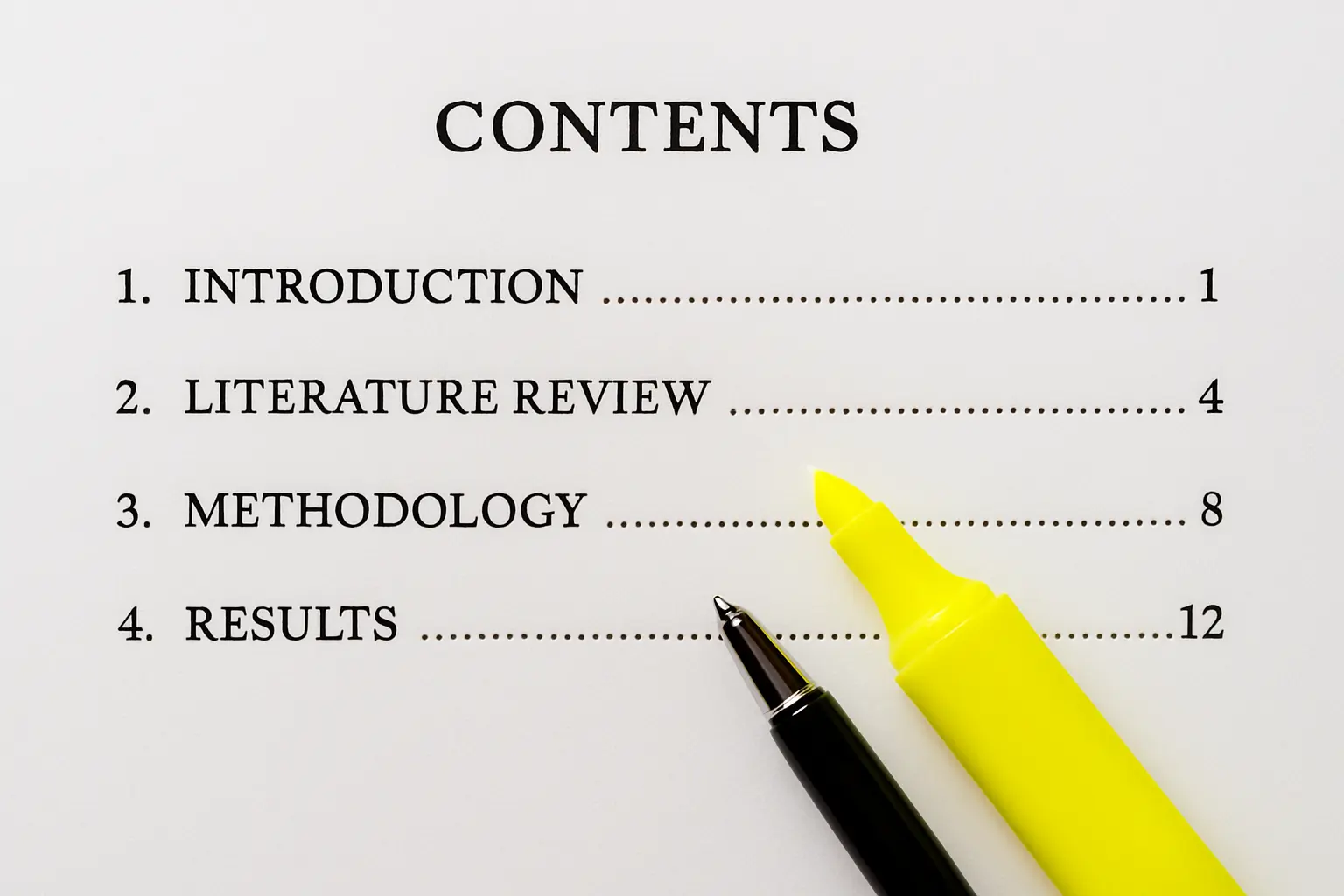 An annotated psychology dissertation chapter structure on a desk