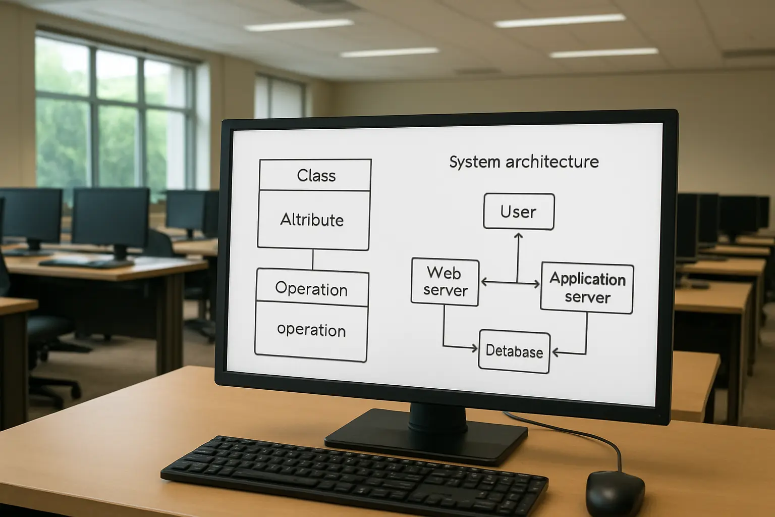 UML class diagram and system architecture diagram on a monitor