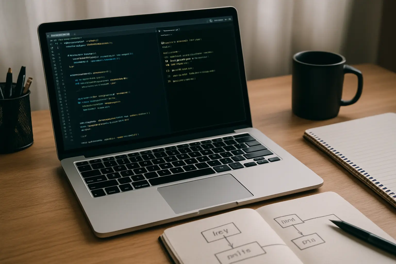 Laptop showing a code editor and git commit history for a computer science dissertation project