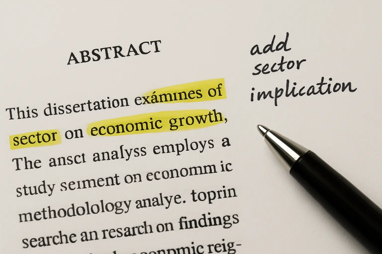 Printed abstract paragraph annotated with a note to add sector and managerial implication