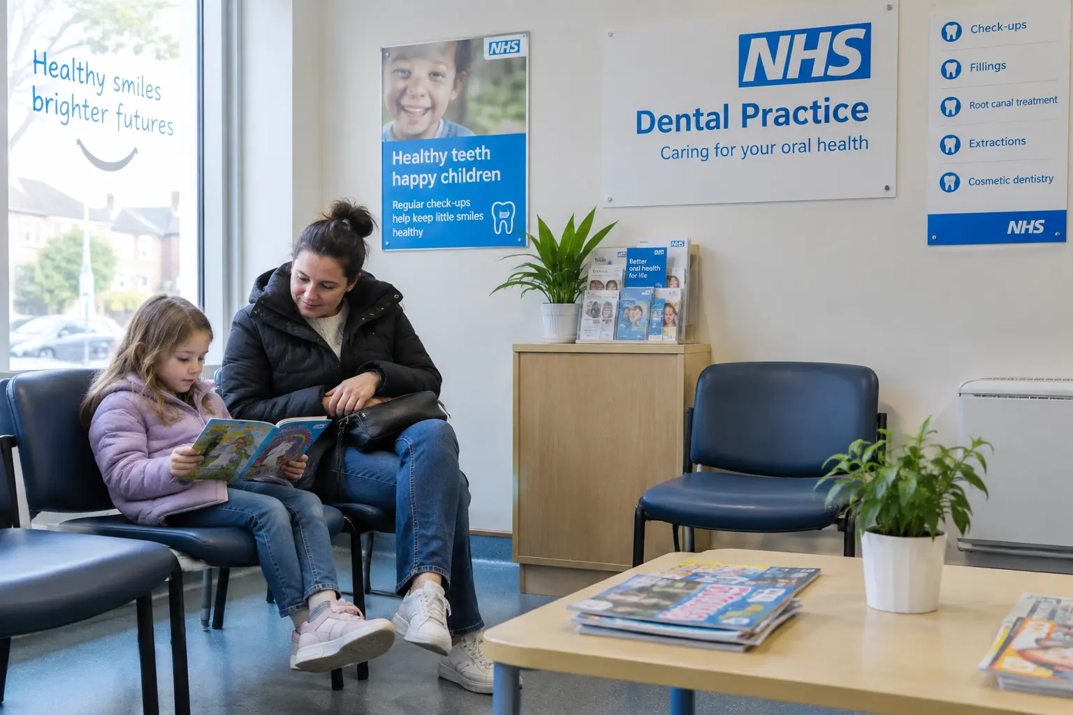 Child and parent in an NHS dental practice waiting room, illustrating patient access