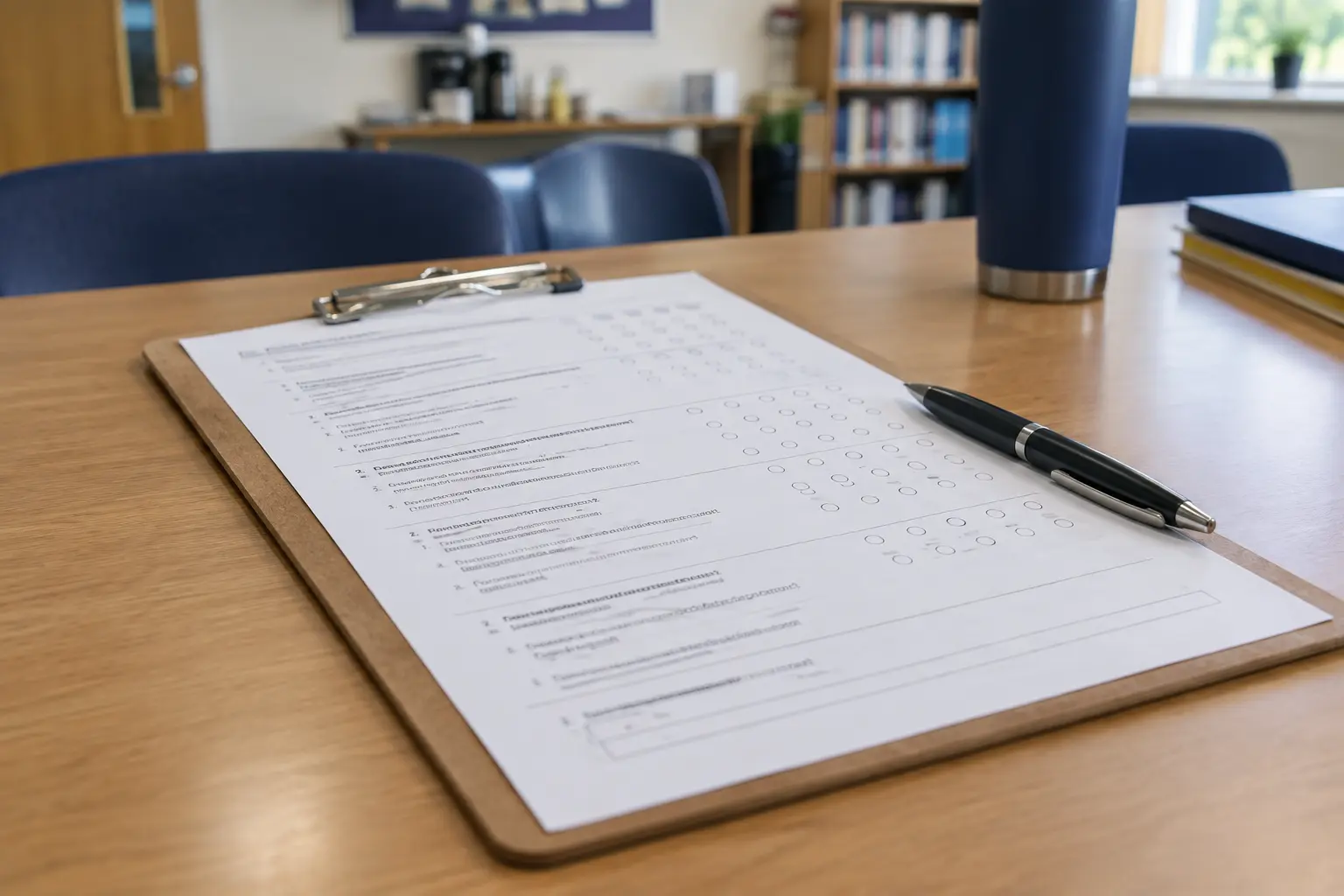 A printed teacher survey questionnaire on a clipboard in a school staffroom