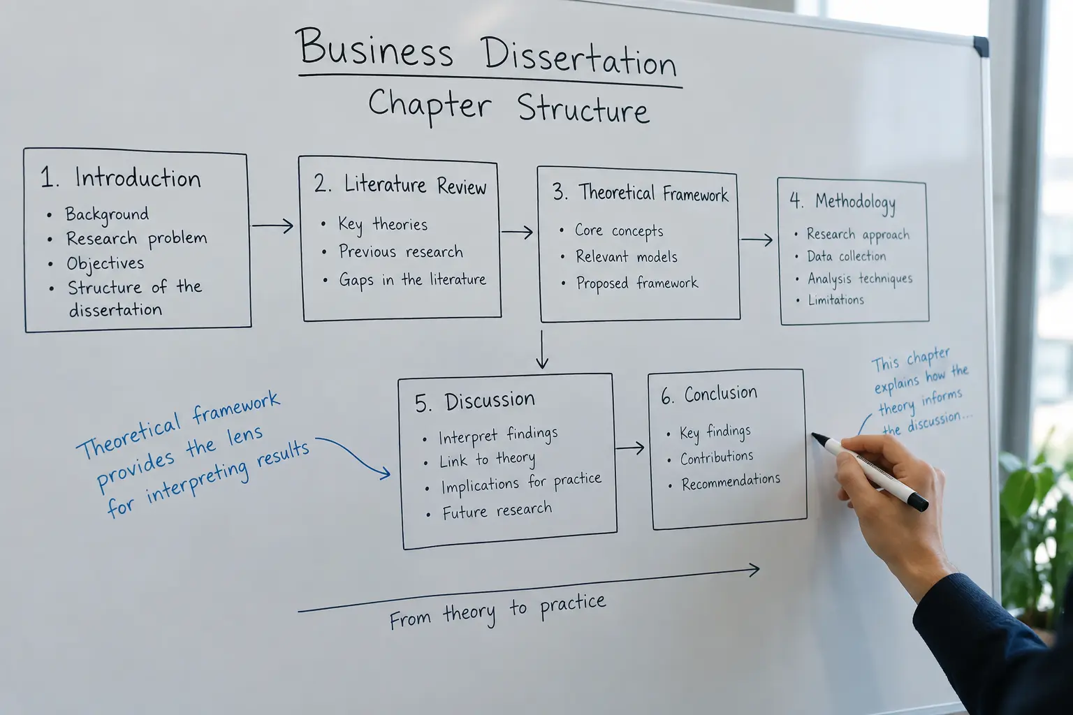 Whiteboard diagram connecting a theoretical framework to a discussion chapter